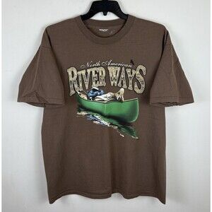 Vintage 90s Y2K Rivers Nature Fishing Graphic T-Shirt / Brown / XL